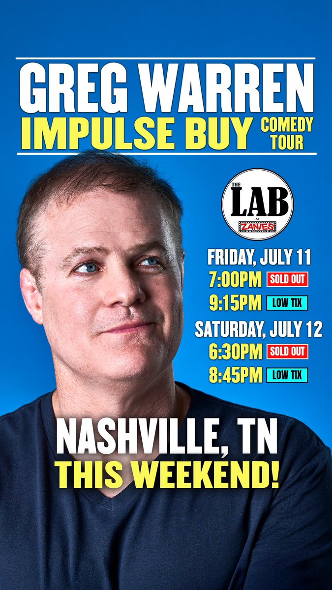 GregWarren's tweet image. Upcoming shows at Zanies in Nashville. Just a few tickets left - I hope to see you at a show.
bit.ly/GregWarren_Nas…