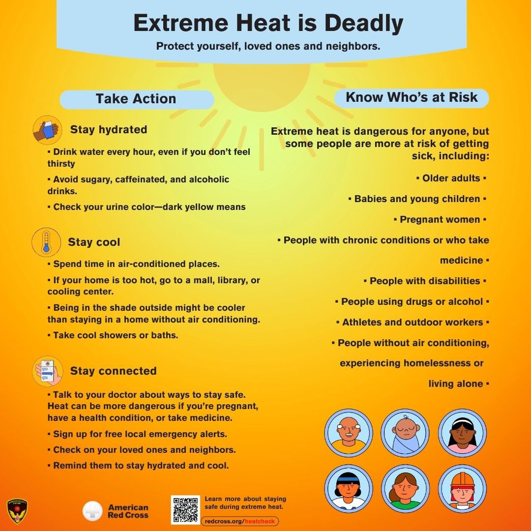 Extreme heat can be more than just uncomfortable—it can be dangerous if we're not careful. Stay hydrated, stay cool, and stay aware.
<a href="/RedCross/">American Red Cross</a>
