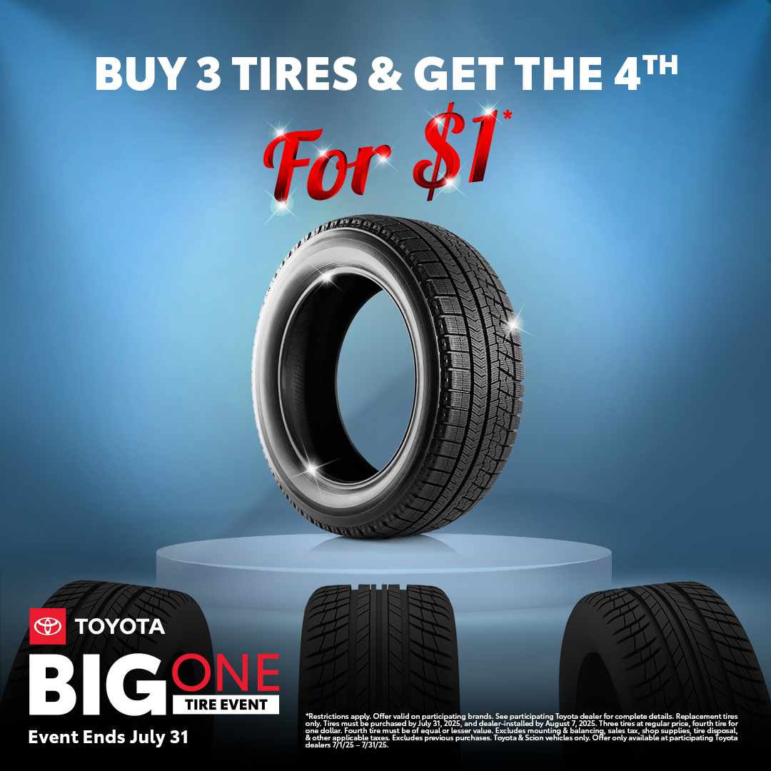 Our  Big One Tire Event is here!. Now through July 31, 2025, buy 3 tires and get the 4th one for $1 - because we understand the importance of maintaining your vehicle without breaking the bank. 

#TuscaloosaToyota #ToyotaTires #TireEvent #ToyotaService #Tuscaloosa #Alabama