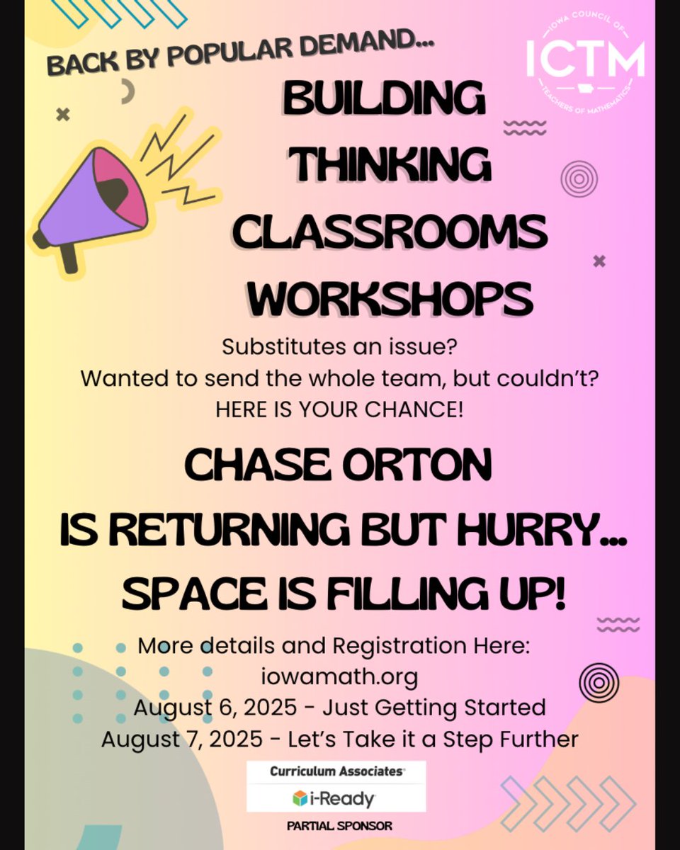 Back by popular demand! 🎉 Join Chase Orton for Building Thinking Classrooms workshops Aug 6 &amp; 7. Space is limited—don’t miss out! Details &amp; registration:
iowamath.org/Professional-L…
#iowamathteach #iowamath #iowamathstandards #MTBoS