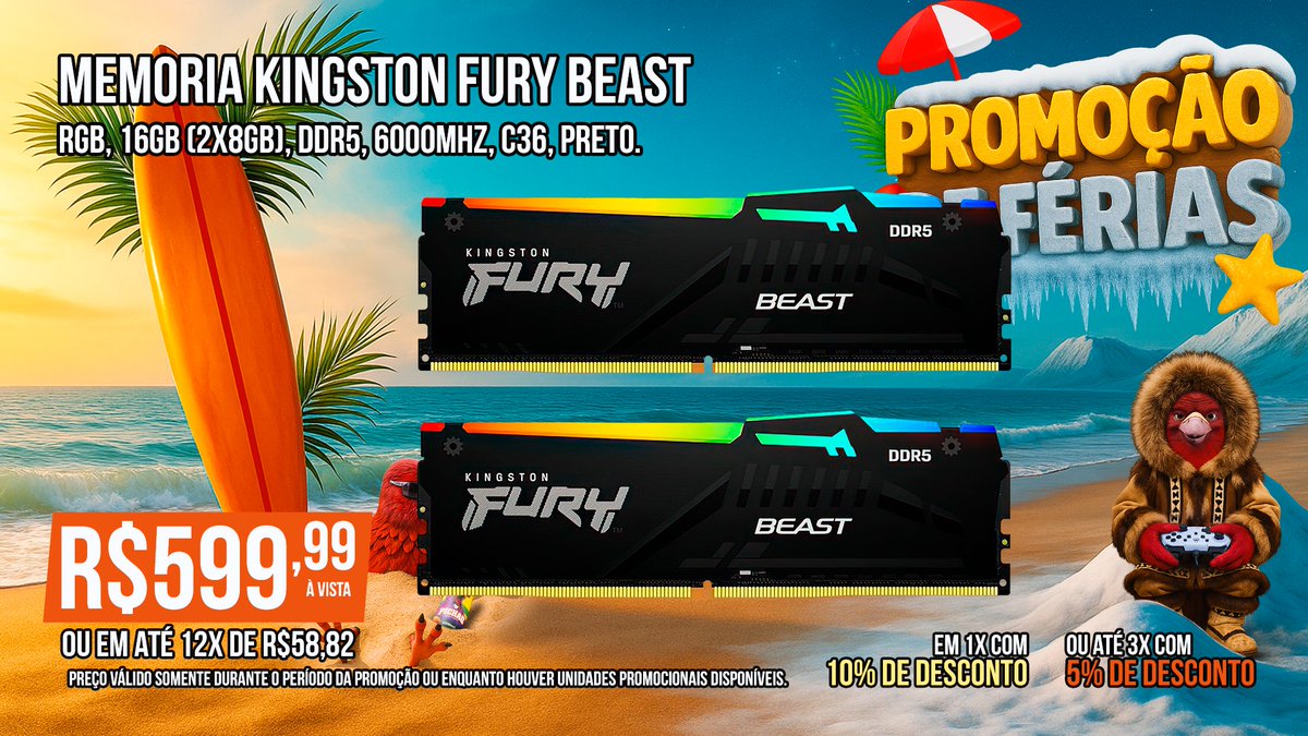 Prepare seu PC pra tudo com o Kit Memórias Kingston Fury Beast! 💥

Com 2x8GB em dual channel e tecnologia DDR5, ele oferece performance extrema e frequência de até 6000MHz.

Ideal pra quem quer velocidade, estabilidade e o melhor em atualizações.

Confira ▶