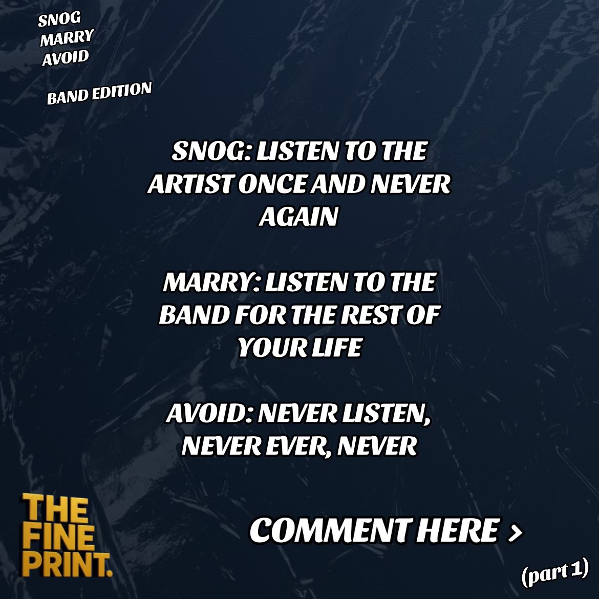 TheFinePrintHQ's tweet image. Snog, Marry, Avoid

The K’s
Bloc Party
Wet Leg