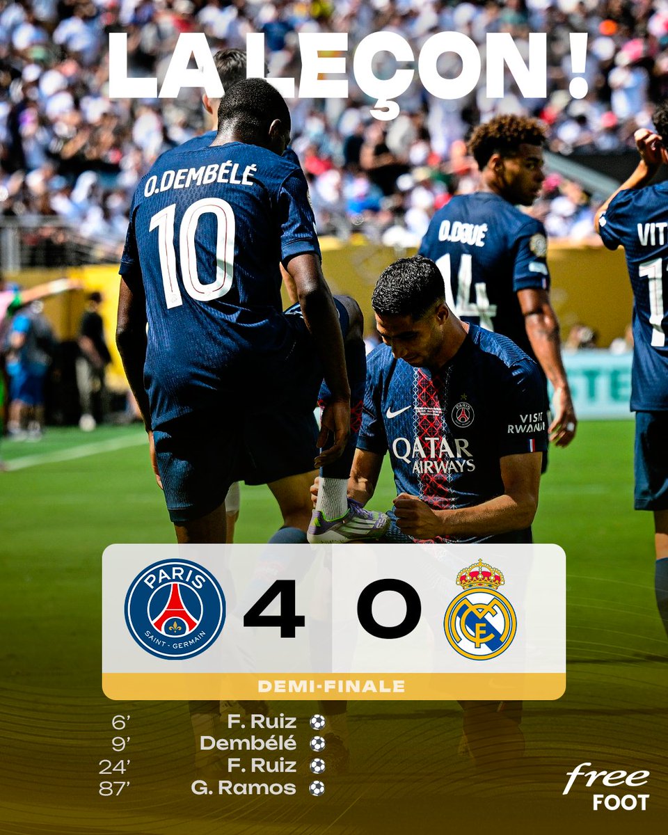 FreeFoot's tweet image. UNE DÉMONSTRATION 😱

Le PSG humilie le Real Madrid et se qualifie pour la finale de la Coupe du Monde des Clubs 🔥

#PSGREAL