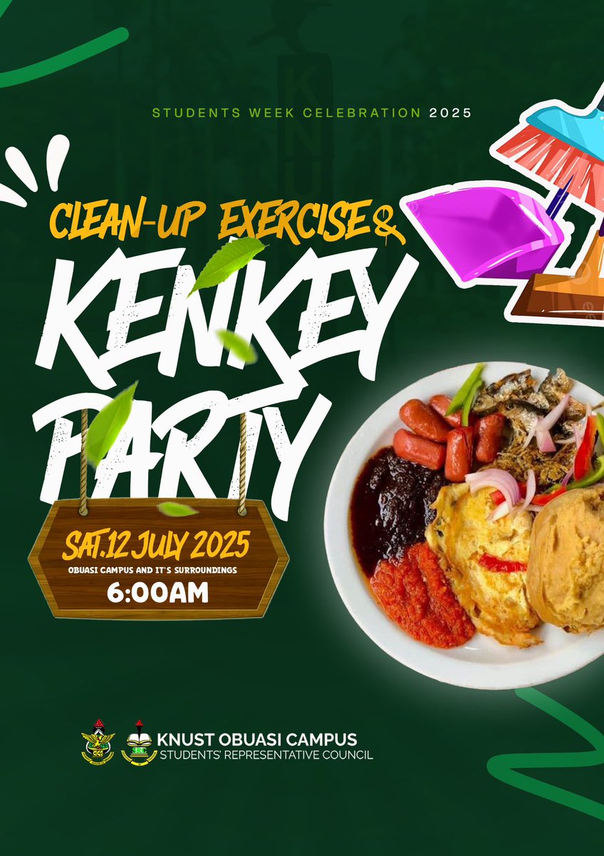 ObuasiSrc's tweet image. Join us for the Students' Week Celebration pre-event, the "Clean-up Exercise and Kenkey Party".
Let’s come together to tidy up the campus and its surroundings, culminating in a fun-filled Kenkey party.