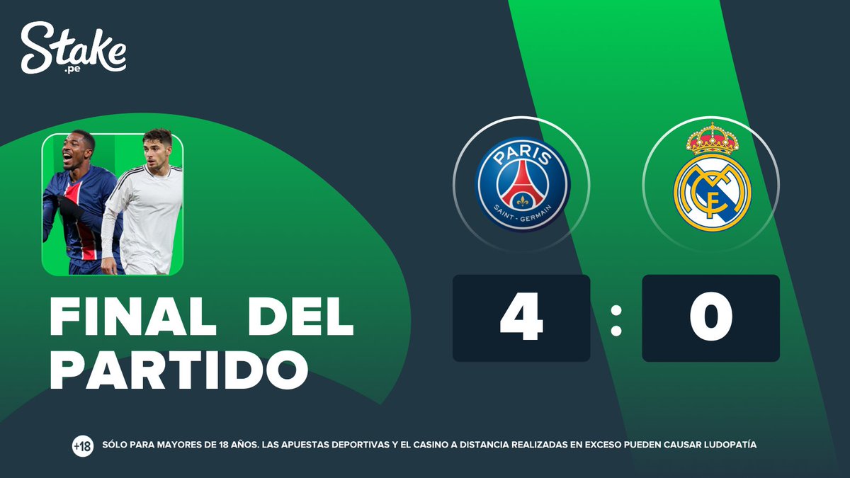 PeruStake's tweet photo. #PSGvsRM por #MundialDeClubes🏆
Final del partido 🔥
PSG 🇫🇷 se lleva la victoria y el pase a la ansiada final del torneo 🌟, donde enfrentará al Chelsea 🏴
👉🏻 Campeón de #ChampionsLeague 🆚 campeón de #ConferenceLeague 👈🏻
Gracias por vivirlo con #Stake. https://t.co/b3Fzv97zCC