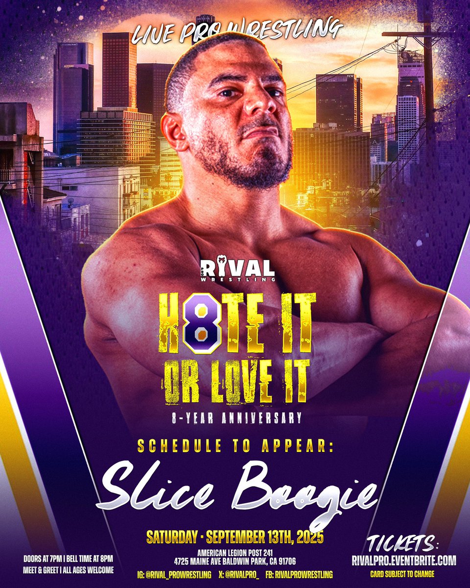 RivalPro_'s tweet image. 🚨 King of the Concrete Jungle🚨
From NY to CA, Mr. Pizza, Piledrivers & Henny aka @SliceBoogie returns at “H8TE it or LOVE it!”
Rival Pro Wrestling, 8 year Anniversary.
09/13/25 in Baldwin Park, CA
🎟️ Tix on sale now RivalPro.Eventbrite.com
🎨 @hibanhuerta