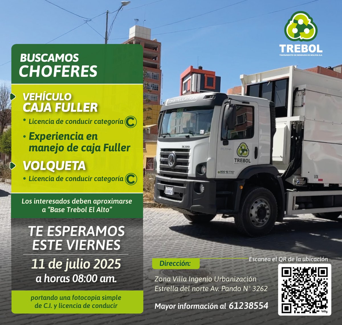 TREBOLBOLIVIA's tweet photo. Buscamos nuevos talentos para fortalecer nuestro equipo.
¡Tu oportunidad empieza aquí!
#trebol #lamejorempresaderesiduos #ElAlto #Cuidatuciudad https://t.co/FJEDCZrQmy