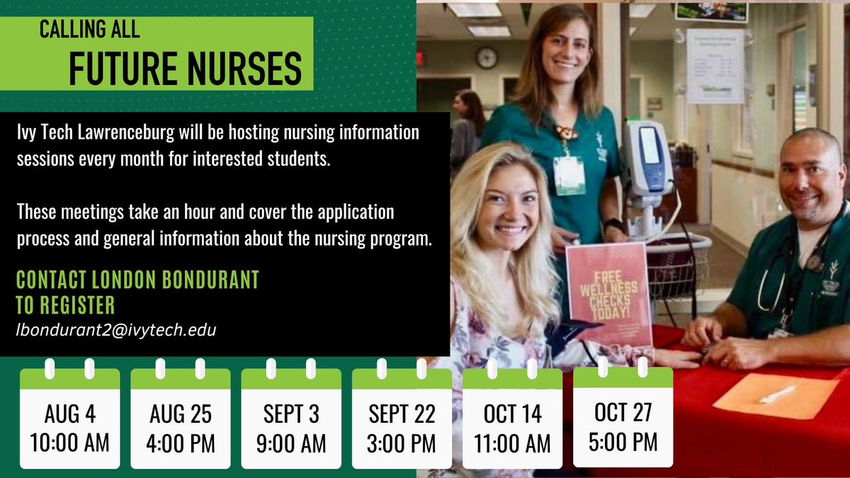📢Nursing Interest Students!!

Join us for an upcoming Nursing Information Session! These 1-hour sessions will cover everything you need to know about our program, including the application process and general program info. Email London to register. ⬇️#NursingStudentsInProgress