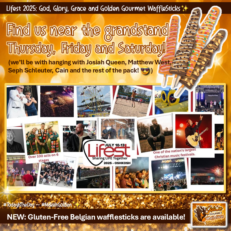 GoldenWafSticks's tweet photo. We're so excited to be back at @lifest 2025! It's going to be ✨golden✨! In addition to delicious Belgian and Cinnamon Roll wafflesticks, we now have a gluten-free Belgian wafflestick. Find our full menu of 8 amazing scrumptious wafflesticks near the grandstand! w/ @InfernoSubs https://t.co/xygzJQyHP9