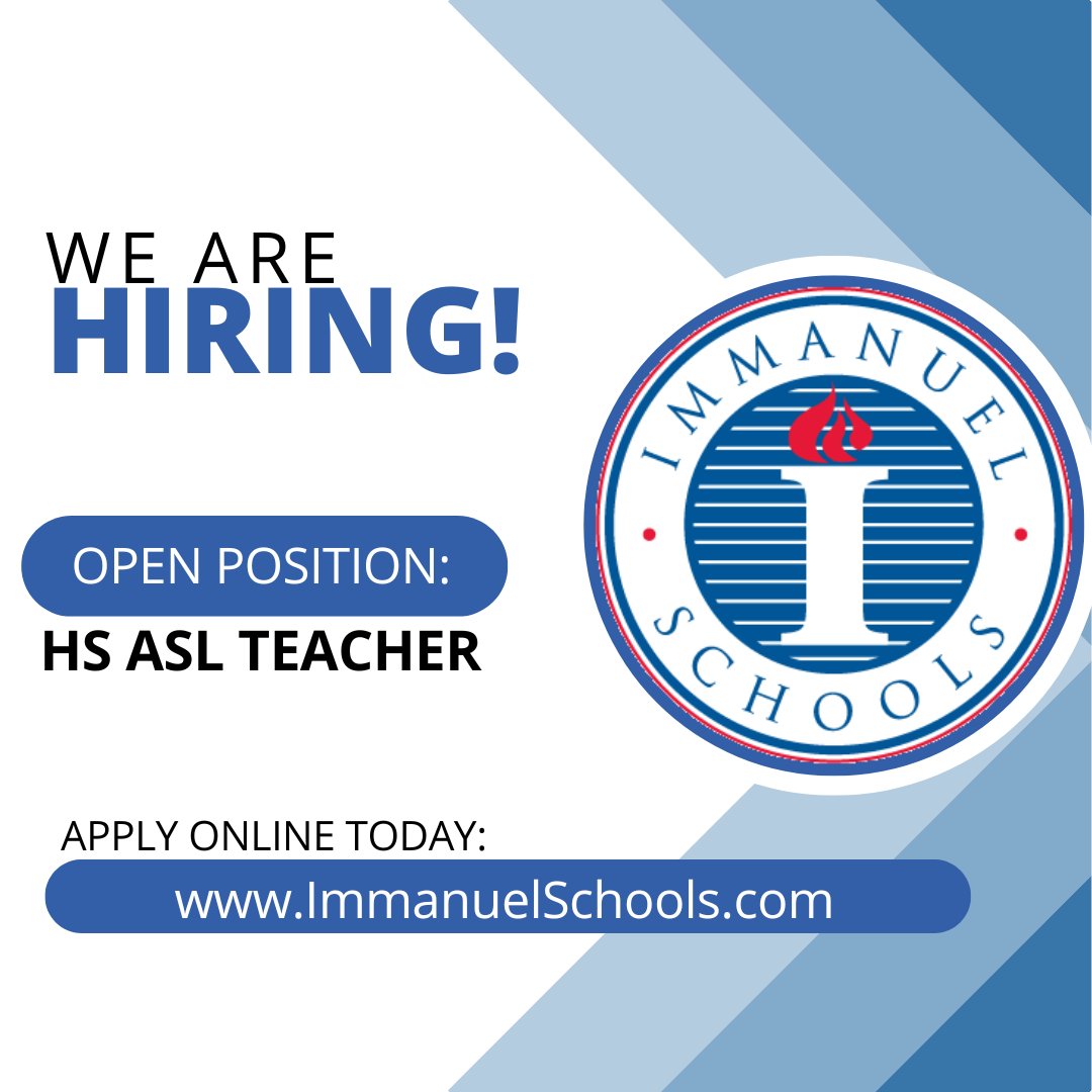 We are looking to fill this position, join our amazing team!  Apply online at immanuelschools.com/about-us/emplo…! 
#NowHiring #ASLTeacher