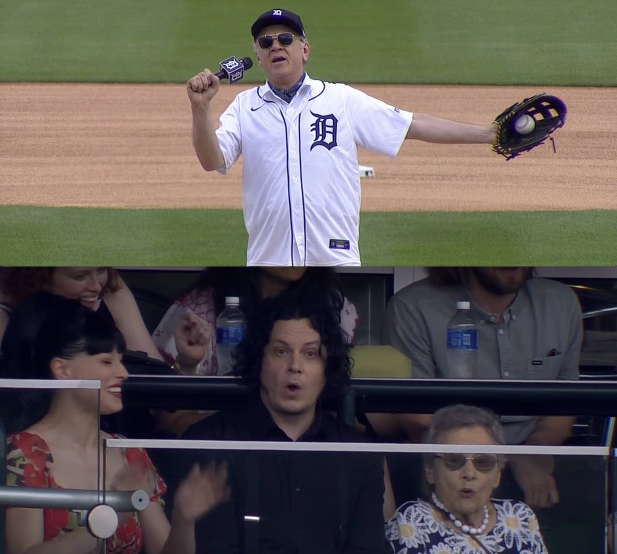 BradGalli's tweet photo. John C. Reilly sang "Happy Birthday" to his friend Jack White, who turns 50 today, ahead of the first pitch at the Tigers game.

That is not a Mad Libs sentence. That just happened at Comerica Park. https://t.co/rANh7ib5at