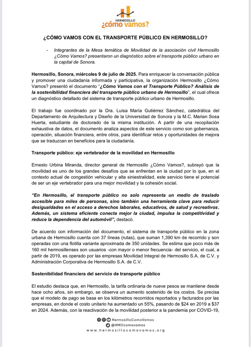 hmocomovamos's tweet image. BOLETÍN: ¿Cómo vamos con el transporte público en Hermosillo?
Un análisis de la sostenibilidad financiera del transporte público que busca enriquecer la conversación sobre el tema.
🗞️ Nota
tinyurl.com/vt8drhuk
📹 Live
tinyurl.com/ydf43zsx
📁 Doc.
tinyurl.com/mr2h3k7r