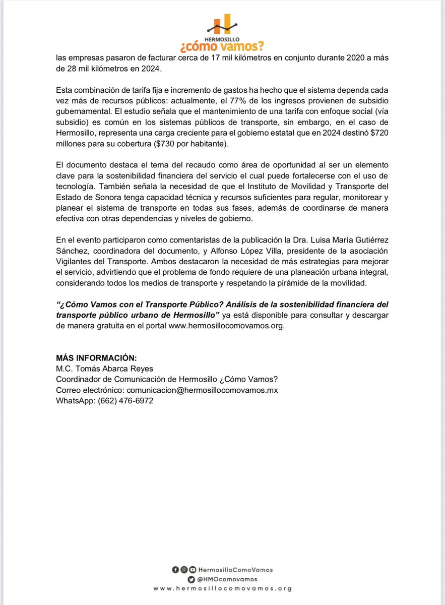 hmocomovamos's tweet image. BOLETÍN: ¿Cómo vamos con el transporte público en Hermosillo?
Un análisis de la sostenibilidad financiera del transporte público que busca enriquecer la conversación sobre el tema.
🗞️ Nota
tinyurl.com/vt8drhuk
📹 Live
tinyurl.com/ydf43zsx
📁 Doc.
tinyurl.com/mr2h3k7r