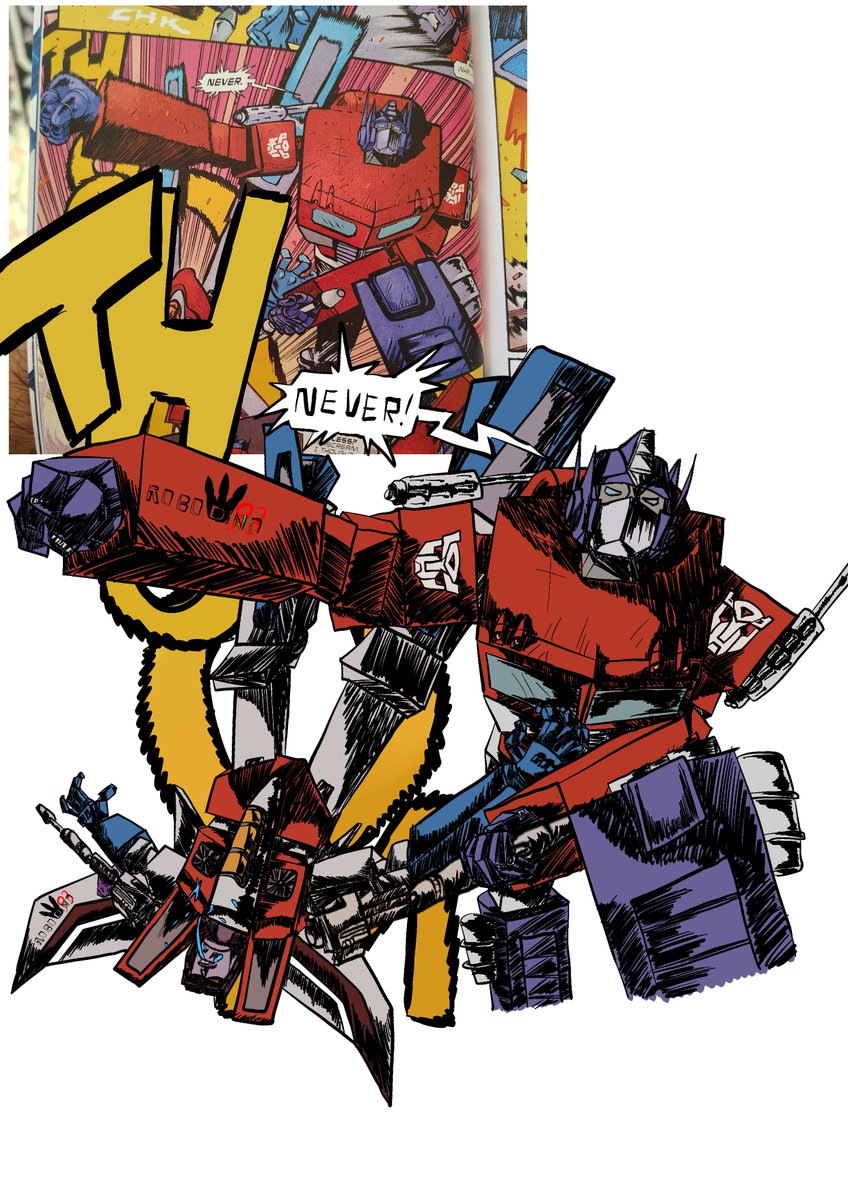 RoboDino93's tweet photo. Here’s my fifth #transformersskybound panel redraw, of #optimusprime hitting #starscream with a wrestling move. Hope you enjoy! #transformers #maccadam #maccadams #autobot #decepticon #skyboundtransformers https://t.co/ruNs3cNOdt