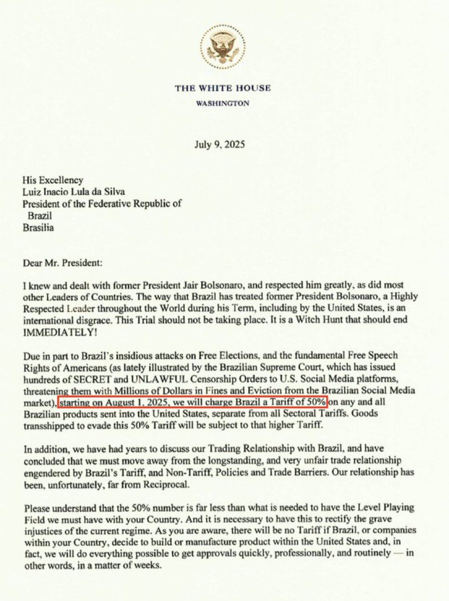 Diante da carta de Trump que deixa claro que um dos motivos da tarifa de 50% contra o Brasil também se dá pela forma como a Justiça trata Bolsonaro, se cristaliza o que a Eduardo veio fazer nos EUA e Jair pagou: coação no curso do processo. 

Cabe PRISAO PREVENTIVA JÁ!