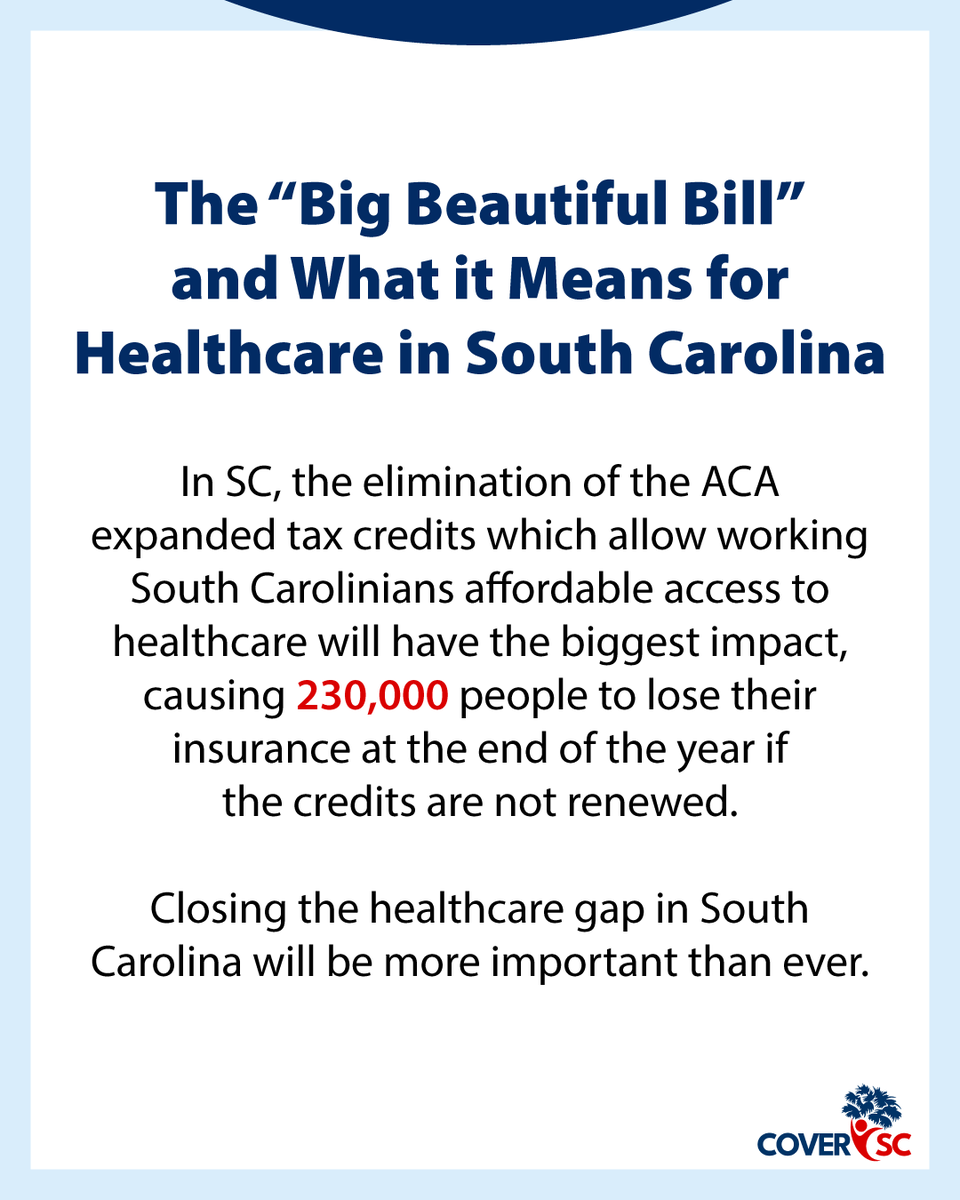 CoverSC_'s tweet photo. Medicaid cuts in the “Big, Beautiful Bill” and the end of ACA tax credits could trigger major healthcare losses nationwide, including in SC. Harsh work and reporting rules may hike admin costs and cause many to lose coverage due to red tape and bureaucratic errors. https://t.co/RGBKpC8xBS