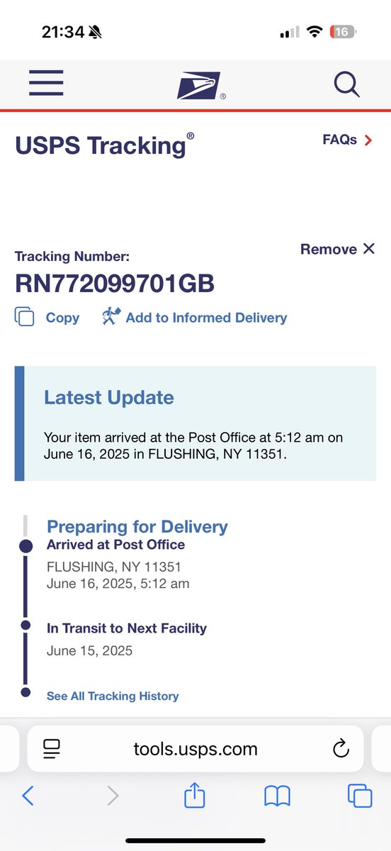 63nobbie's tweet photo. @USPSHelp hello, we are looking for help/update on a package we sent to our son. Posted in the UK on 10th June. Arrived at Flushing NY 16th June. There has been no action on the package since. Please see image. Our son is in need of retainers enclosed in the package. 
@jillbj8 https://t.co/A30VzjG305