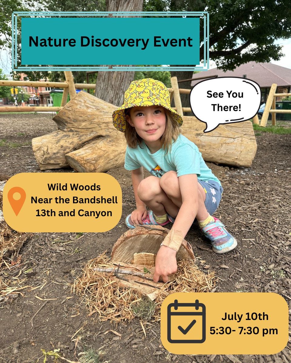 Join Growing Up Boulder at the Wild Woods play area! There will be pizza and an opportunity to build nature crowns or a castle. The event will be at 5:30-7:30 pm on July 10th and the Wild Woods play area is on 13th and Canyon, near the Bandshell. Hope to see you there. #youth