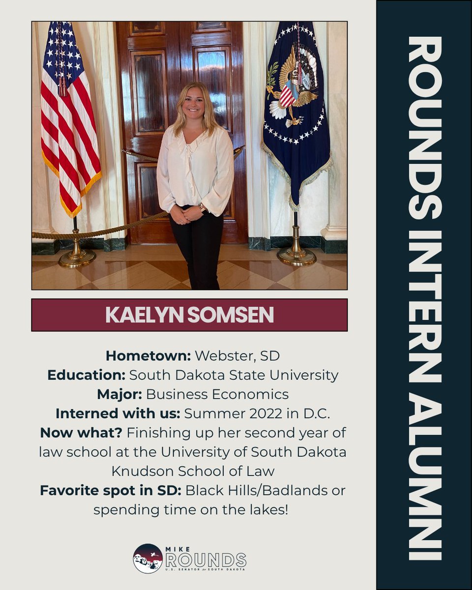 SenatorRounds's tweet image. Here at Team Rounds, our former interns are doing some awesome things, and we want to highlight them! Meet Kaelyn Somsen of Webster:
What did you learn in your internship that has helped you through the rest of your college career? “I learned many valuable things during my time…