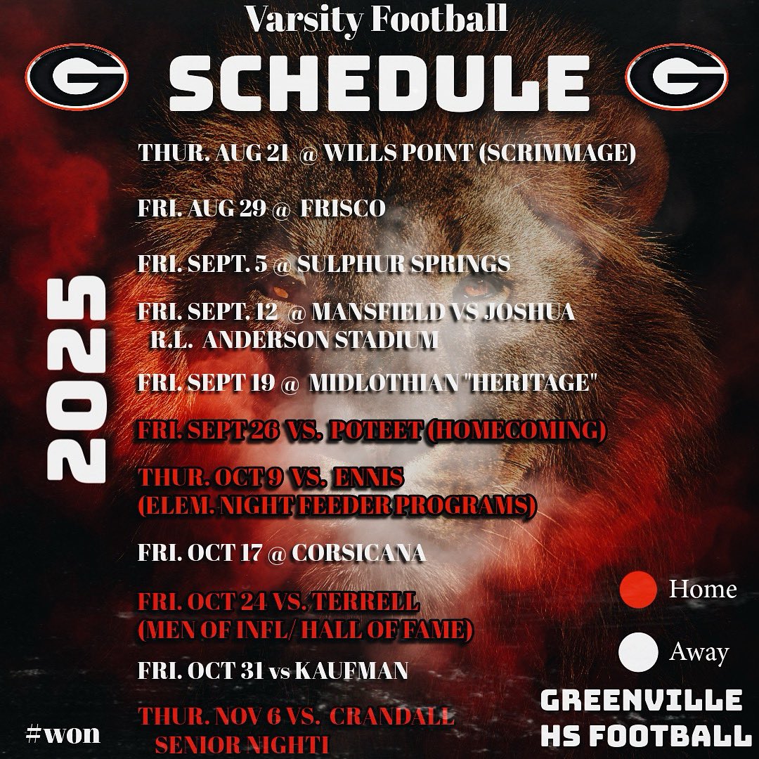 LionsFootball24's tweet photo. The Greenville Lions 2025-26 Football Schedule. Countdown Continues…🔴⚫️ https://t.co/ExbKZqRIMm