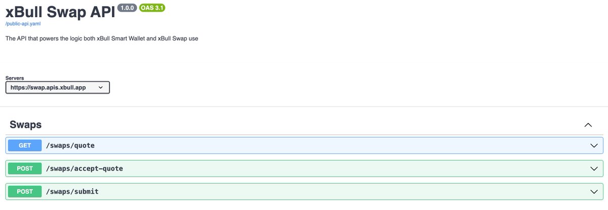 xBull Wallet (@xbullwallet) on Twitter photo Did you know that to integrate our powerful Router API (compatible with AMMs from <a href="/aqua_token/">Aquarius (AQUA)</a>, @PhoenixDefiHub, <a href="/blend_capital/">blend.capital</a> and <a href="/SoroswapFinance/">Soroswap.Finance</a>).
You literally only need to interact with three endpoints?
That's right, and you can try them here: swap.apis.xbull.app/openapi Did you know that to integrate our powerful Router API (compatible with AMMs from <a href="/aqua_token/">Aquarius (AQUA)</a>, @PhoenixDefiHub, <a href="/blend_capital/">blend.capital</a> and <a href="/SoroswapFinance/">Soroswap.Finance</a>).
You literally only need to interact with three endpoints?
That's right, and you can try them here: swap.apis.xbull.app/openapi