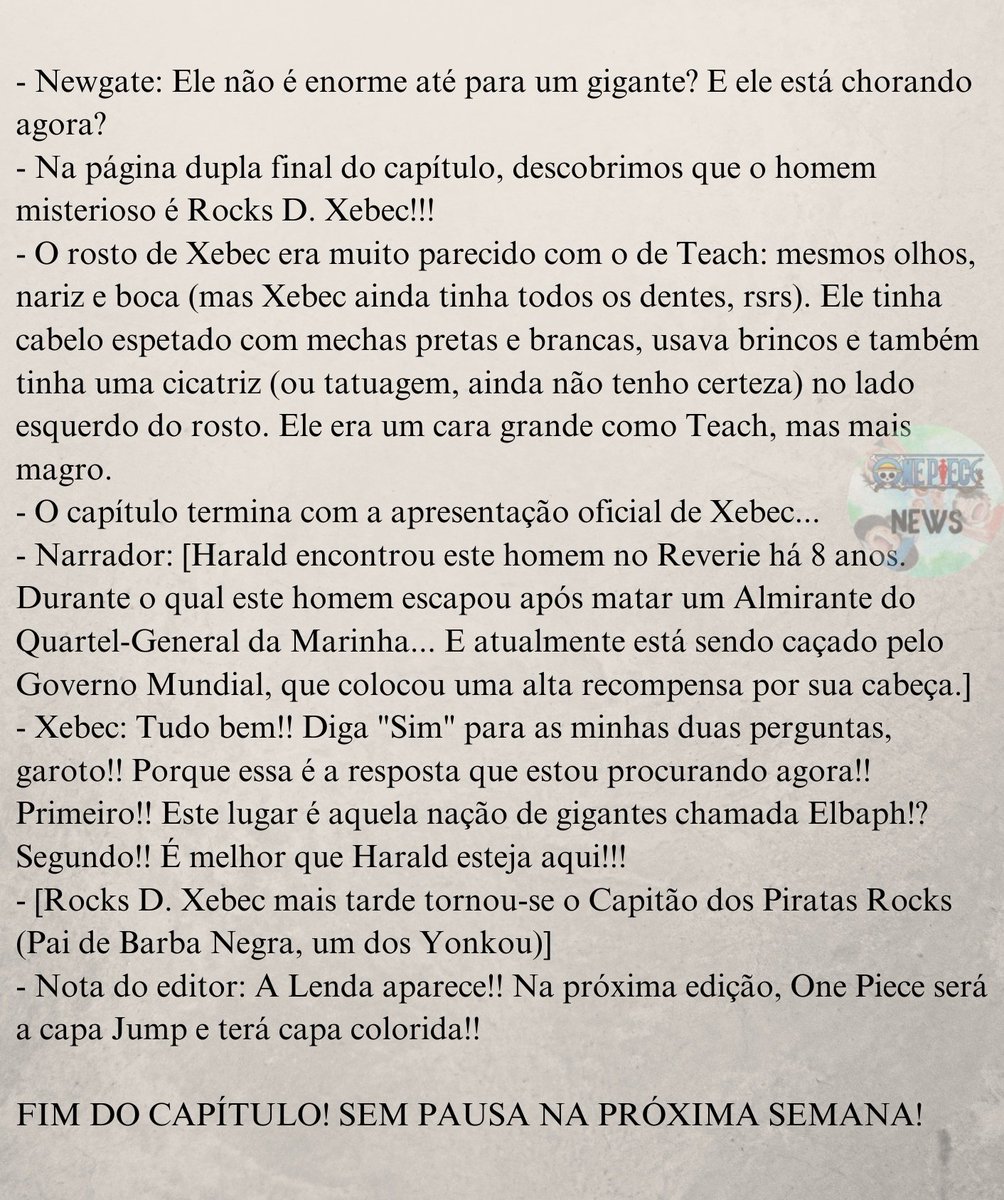 OnePieceNewsASL's tweet photo. #ONEPIECE1154
🚨 Spoilers Completos do Capítulo 1154 de One Piece!

Um dos GRANDES capítulos pra história de One Piece será esse. Momento importantíssimo. https://t.co/Uow1ZMBrH6