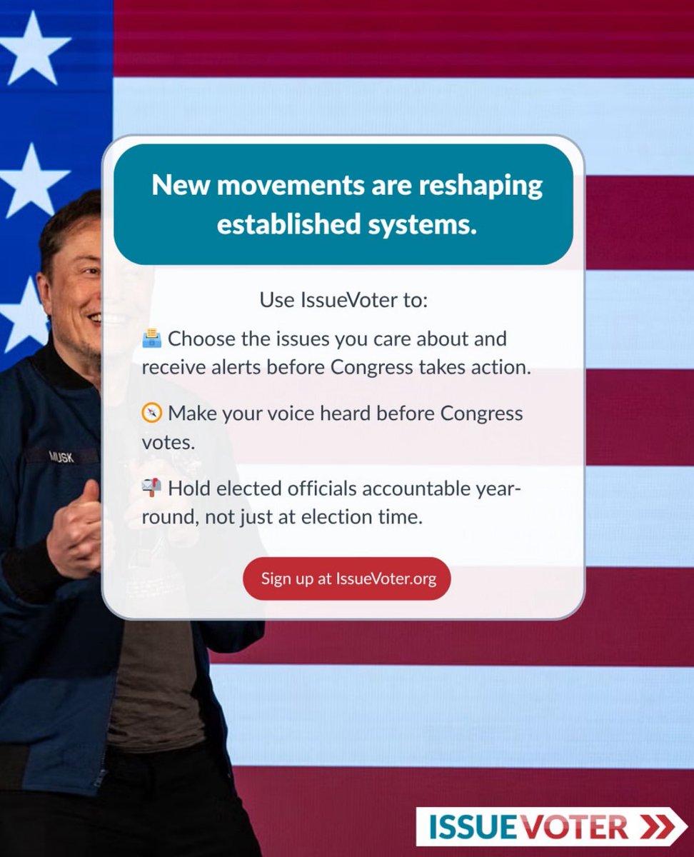 IssueVoter (@issuevoter) on Twitter photo Would you vote America Party in 2026?
Tap in ⬇️ and tell us why or why not. (2/2)
Then, sign up at Issuvoter.org to stay current with issues you care about.
#AmericaParty #Musk #2026Elections #IssueVoter
<a href="/AndrewYang/">Andrew Yang🧢⬆️🇺🇸</a> <a href="/mcuban/">Mark Cuban</a> <a href="/Scaramucci/">Anthony Scaramucci</a> Would you vote America Party in 2026?
Tap in ⬇️ and tell us why or why not. (2/2)
Then, sign up at Issuvoter.org to stay current with issues you care about.
#AmericaParty #Musk #2026Elections #IssueVoter
<a href="/AndrewYang/">Andrew Yang🧢⬆️🇺🇸</a> <a href="/mcuban/">Mark Cuban</a> <a href="/Scaramucci/">Anthony Scaramucci</a>
