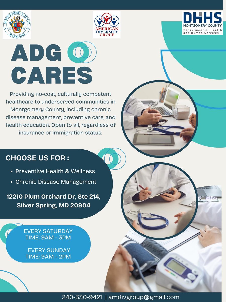 MoCoDHHS's tweet image. ADG Cares Clinic is proud to introduce its innovative Sunday clinic. This comprehensive clinic provides a wide range of essential services, at no cost, regardless of insurance status.
The clinic is located at 12210 Plum Orchard Drive, Suite 214, Silver Spring, MD 20910.