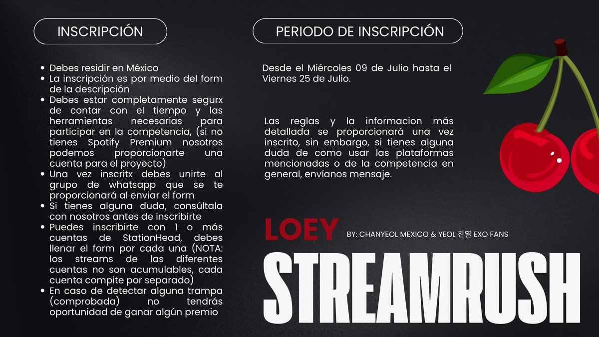 🍒LOEY STREAM RUSH🍒

Yeolmae y EXO-L, te presentamos el proyecto de streaming para el 2do álbum de nuestro príncipe.

La competencia de Yeolmae VS Yeolmae será por Stationhead, consulta las imágenes y si deseas unirte llena el siguiente formulario:

🖇️ forms.gle/WtGGB84dZ9BrS3…