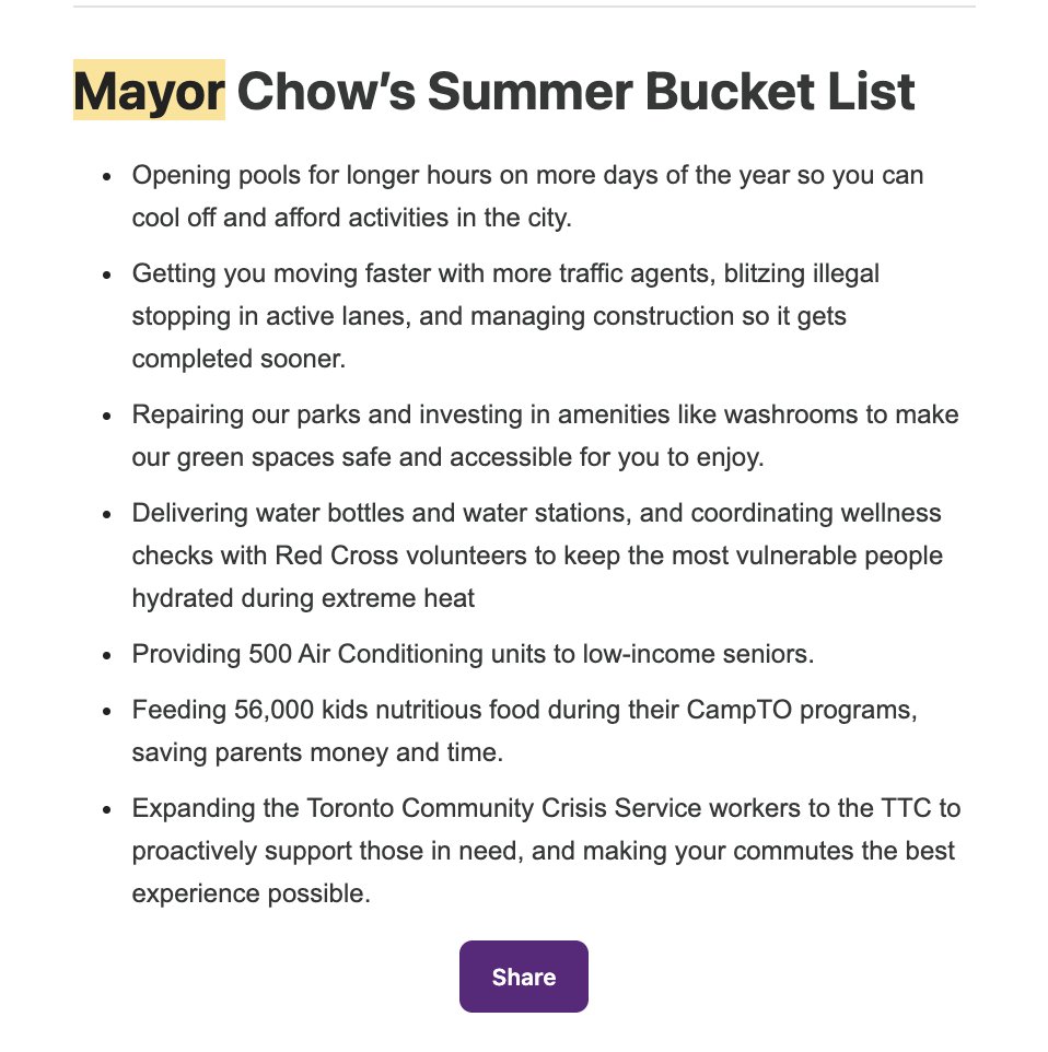 Sad that <a href="/MayorOliviaChow/">Mayor Olivia Chow 🇨🇦</a> has been a complete failure on public transportation.  We know what solutions would have a lasting impact on mitigating traffic, council has re-affirmed wanting transit priority lanes for a decade. No mention of improving transit in her "bucket list".