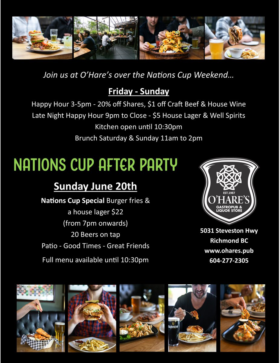 O'Hare's Pub is THE After Party location for the 2025 Nations Cup. Check out the specials below. When the beer garden closes on Friday, Saturday and Sunday, O'Hare's is just 2 minutes away. See you there! #OHares #soccer #Tournament #Footy #community #Pub #Beer #Richmond