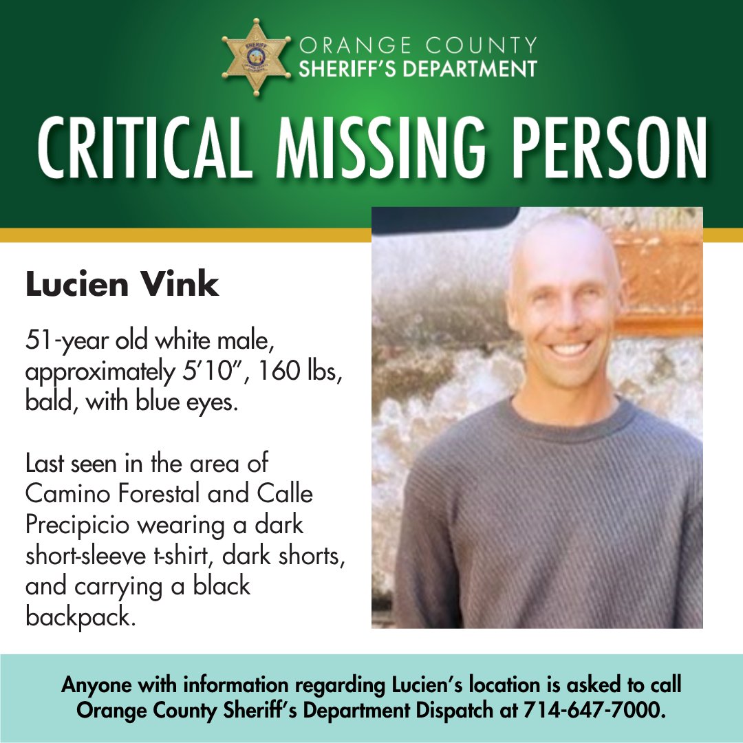 Help us find Lucien Vink.

We are asking for the public’s help in locating 51-year-old Lucien Vink. He was last seen on Sunday, July 6, near Camino Forestal and Calle Precipicio. Lucien was wearing a dark short-sleeve t-shirt, dark shorts, and carrying a black backpack.