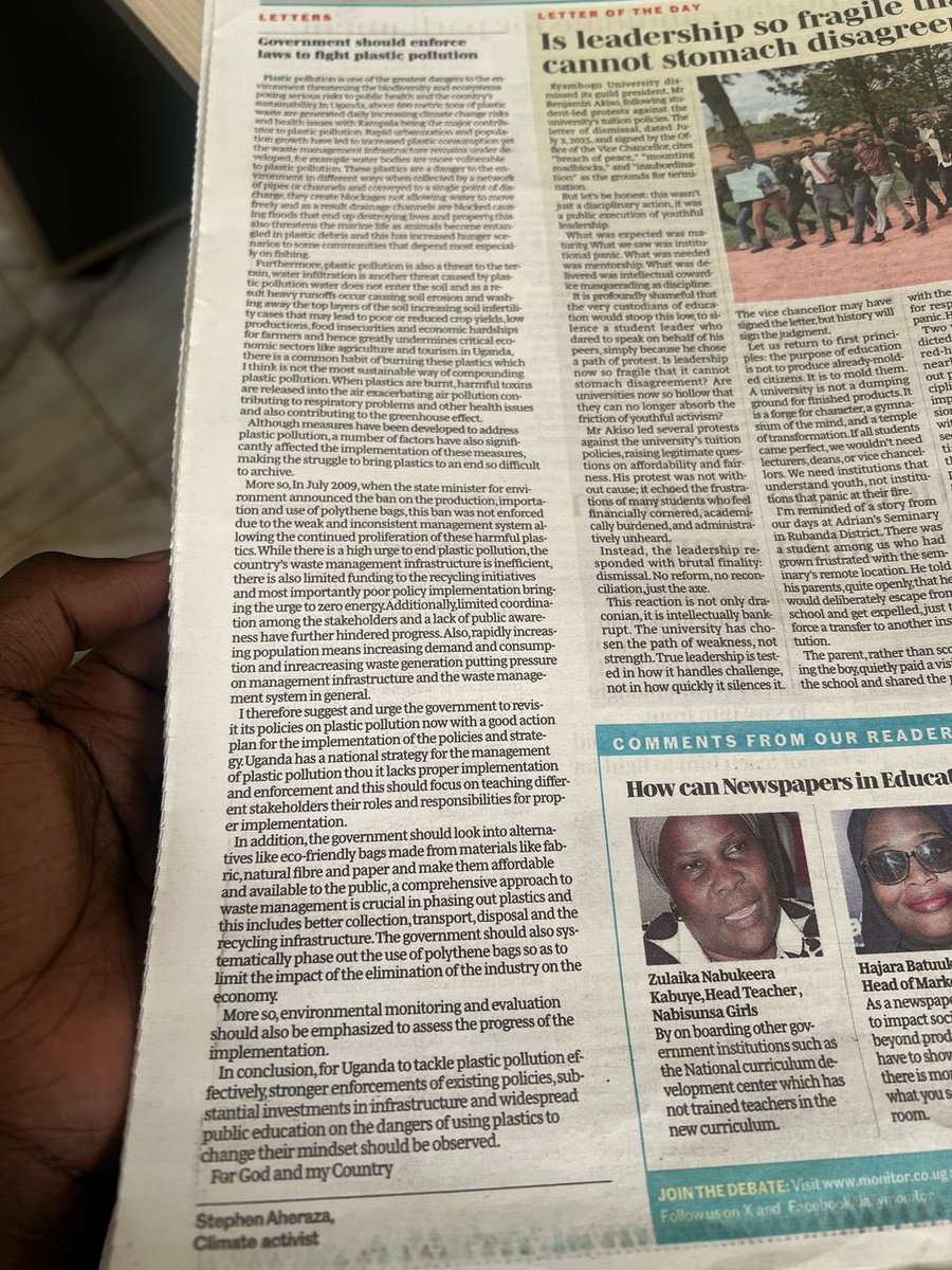 ACEJUganda's tweet image. "Urgent call to action: Governments must enforce plastic pollution laws with strong strategies and investment. Read more in this letter by our own @ahereza10237 advocating for eco-friendly solutions and public education. #PlasticPollution #ClimateAction #Sustainability