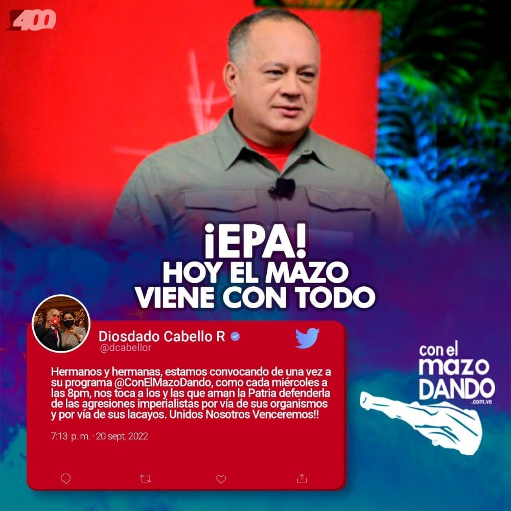 Jose Luis Escorcio (@motspropio) on Twitter photo Por ahí viene a las 7:00 <a href="/dcabellor/">Diosdado Cabello R</a> por <a href="/VTVcanal8/">VTV CANAL 8</a> y su <a href="/ConElMazoDando/">Con el Mazo Dando</a> desenmascarando a la derecha maltrecha en sus acciones terroristas. Por ahí viene a las 7:00 <a href="/dcabellor/">Diosdado Cabello R</a> por <a href="/VTVcanal8/">VTV CANAL 8</a> y su <a href="/ConElMazoDando/">Con el Mazo Dando</a> desenmascarando a la derecha maltrecha en sus acciones terroristas.