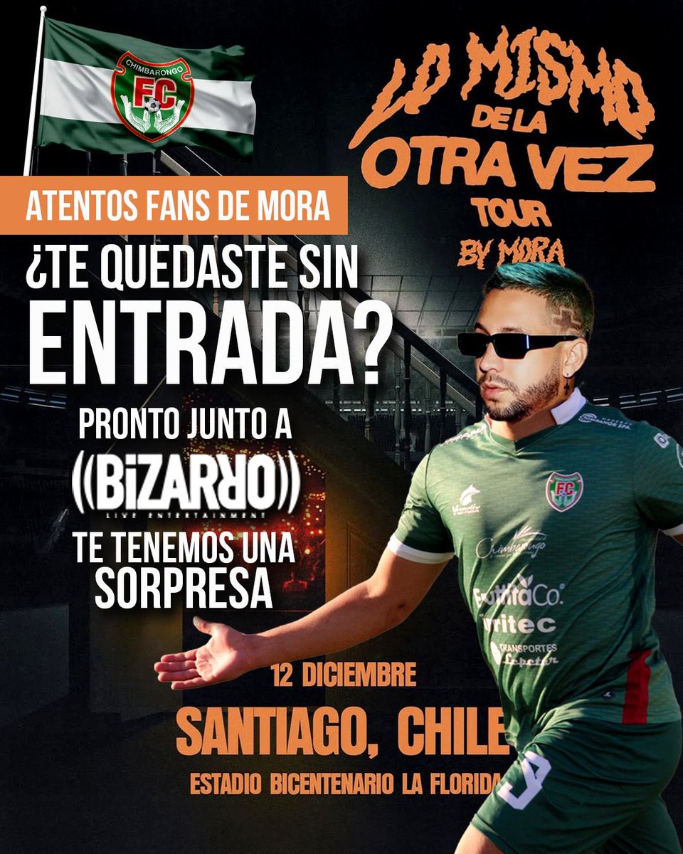 Chimbarongo FC (@chimbarongo_fc) on Twitter photo 🎤 ¿Te quedaste sin entradas para ver a <a href="/_morapr/">Mora</a> ?
Tranquil@, Gracias a <a href="/IamDonDani/">Daniel Merino</a> y <a href="/bizarrolivecl/">Bizarro Live Entertainment</a> te tenemos una sorpresa imperdible 👀🔥
Atent@ a nuestros próximos posts.
📲 ¡Síguenos y entérate antes que nadie!
#MoraEnChile #ChimbarongoFC #SorpresaMora #Atentos 🎤 ¿Te quedaste sin entradas para ver a <a href="/_morapr/">Mora</a> ?
Tranquil@, Gracias a <a href="/IamDonDani/">Daniel Merino</a> y <a href="/bizarrolivecl/">Bizarro Live Entertainment</a> te tenemos una sorpresa imperdible 👀🔥
Atent@ a nuestros próximos posts.
📲 ¡Síguenos y entérate antes que nadie!
#MoraEnChile #ChimbarongoFC #SorpresaMora #Atentos