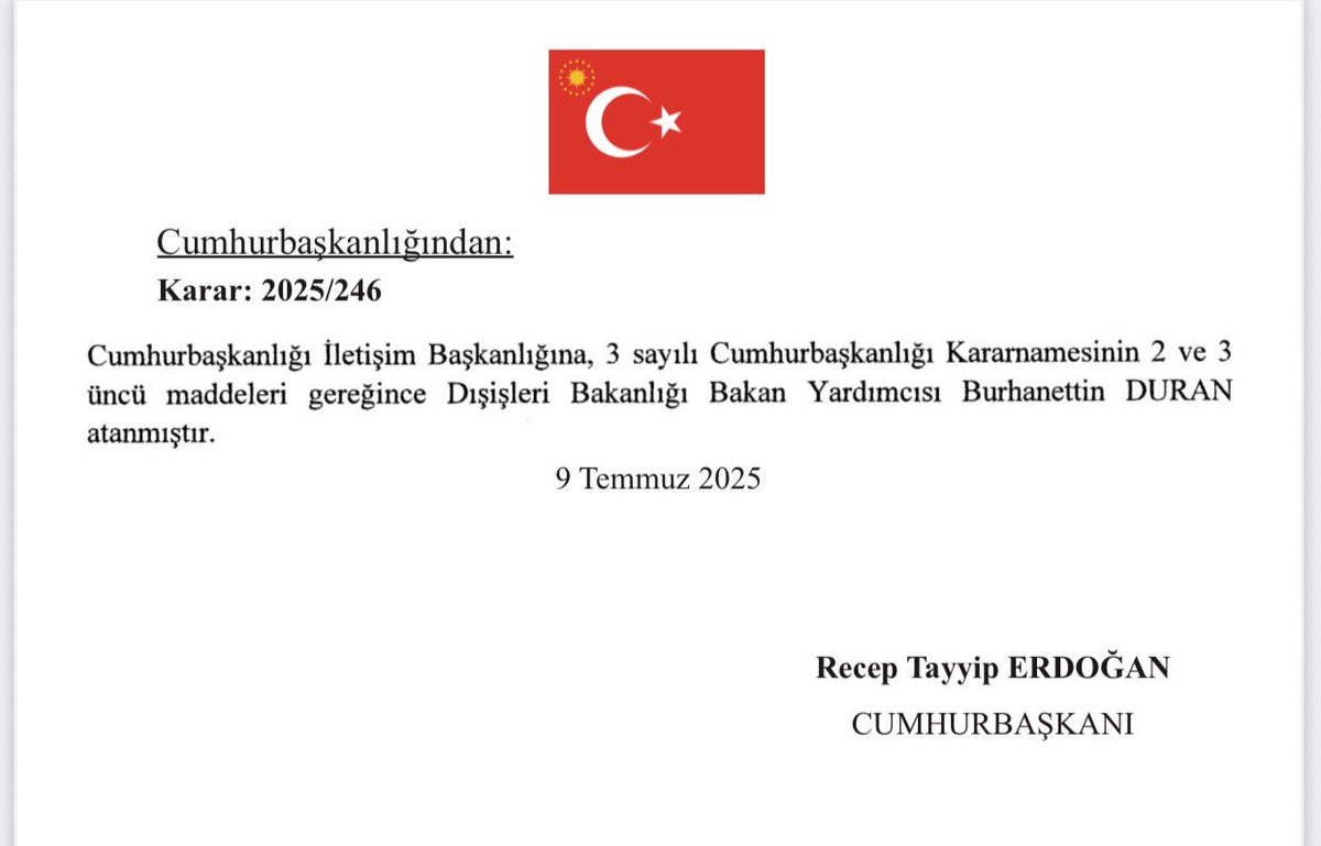 Burhanettin Duran (@burhanduran) on Twitter photo Cumhurbaşkanlığı İletişim Başkanlığı görevini şahsıma tevdi eden Cumhurbaşkanımız Sn. Recep Tayyip Erdoğan’a şükranlarımı sunarım.
Cumhurbaşkanımızın liderliğinde Rabbim vatanımıza ve milletimize hayırlı hizmetlerde bulunmayı nasip etsin. <a href="/RTErdogan/">Recep Tayyip Erdoğan</a> Cumhurbaşkanlığı İletişim Başkanlığı görevini şahsıma tevdi eden Cumhurbaşkanımız Sn. Recep Tayyip Erdoğan’a şükranlarımı sunarım.
Cumhurbaşkanımızın liderliğinde Rabbim vatanımıza ve milletimize hayırlı hizmetlerde bulunmayı nasip etsin. <a href="/RTErdogan/">Recep Tayyip Erdoğan</a>