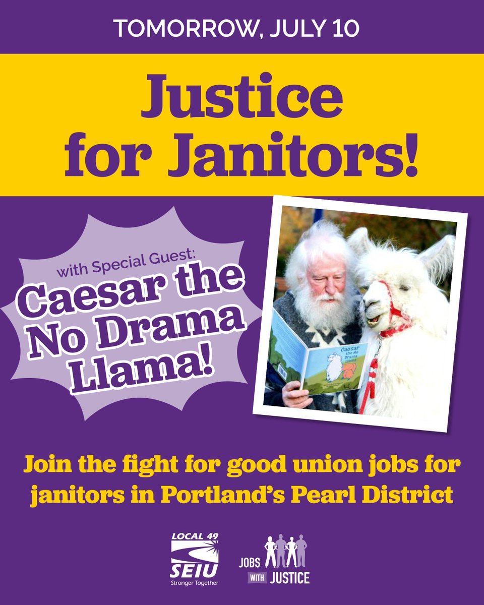 seiu49's tweet image. DRAMA AT M FINANCIAL PLAZA!!
Caesar the No Drama Llama will be at M Financial Plaza (1125 NW Couch St.) on Thursday 7/10, 11:30 am-1:30 pm, in solidarity with union janitors in @SEIU49 who are calling on owner JP Morgan Chase to do the right thing and make sure a union janitorial…