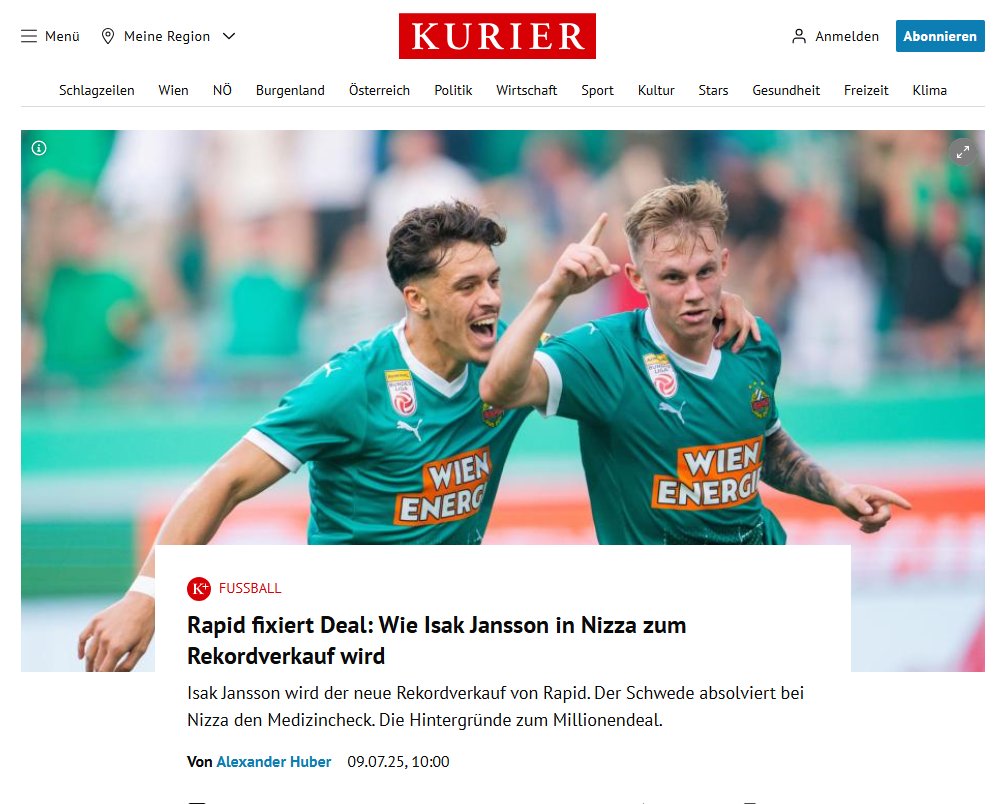 Vente de l'ailier sudédois Isak Jansson à l'OGC Nice : 
7 millions d'euros et des bonus pour le Rapid de Vienne 🇦🇹