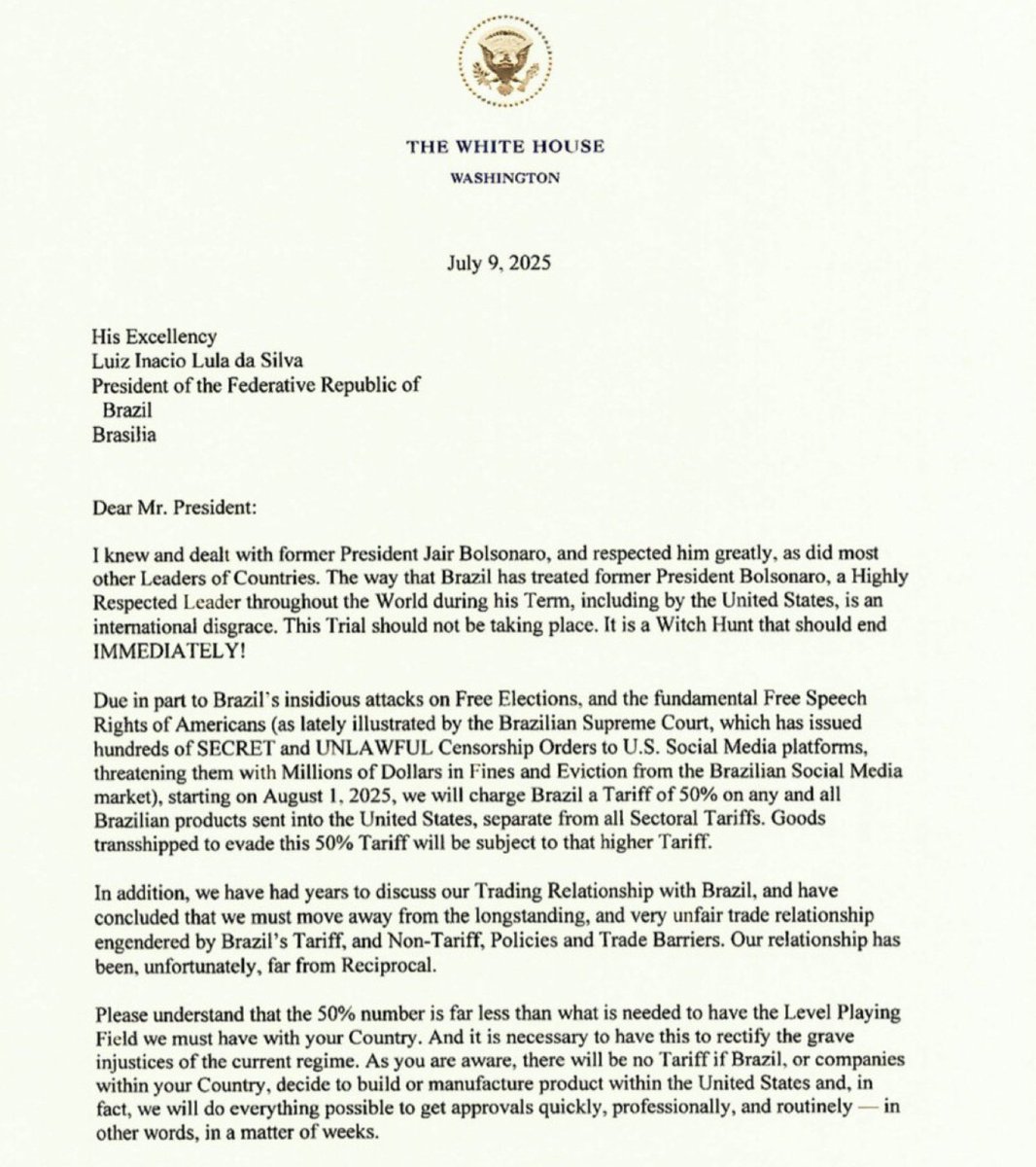 BREAKING:  Trump just announced a HUGE 50% Tax on Americans, who import from Brazil, because he doesn't like of how the Brazilian Supreme Court treated former President Bolsonaro after he planned a Coup and committed Fraud.