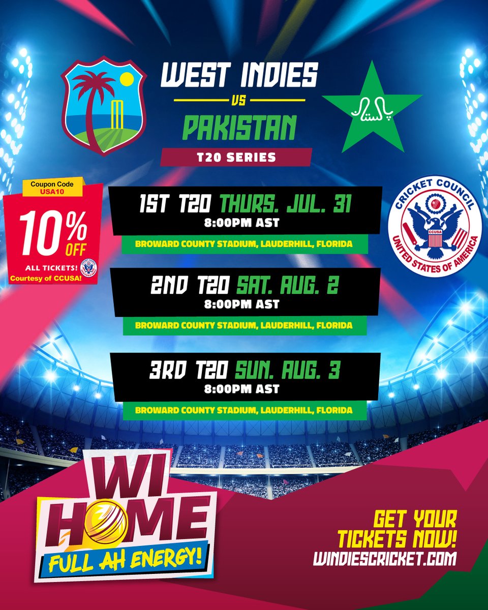 CcusaInfo's tweet image. GET 10% OFF ALL TICKETS!
Cricket fans — the showdown is ON! 🇵🇰 vs 🇯🇲
West Indies vs Pakistan | 3 T20s | July 31, August 2 &amp;amp; 3 | 8PM
📍 Broward County Stadium, Florida

🔥 Use code USA10 at checkout to score 10% OFF your tickets — courtesy of CCUSA!