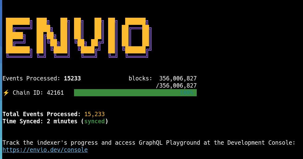 356 million blocks processed and 15k events found in just 2 min 🤠 I used <a href="/envio_indexer/">ENVIO</a> HyperIndex, it prob would have taken me hours to do this otherwise (I'm not affiliated, I just like the tooling 🧑‍🏭)