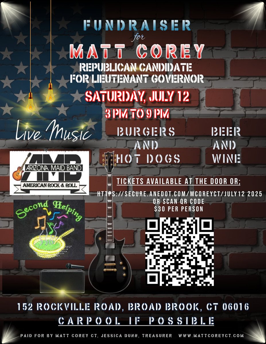 Matthew Corey (@mattcoreyct) on Twitter photo Please join me this Saturday, July 12 for a fundraiser in Broad Brook! πΊπΈ
π 3β9 PM
πΆ Live music by Arizona Maid Band & Second Helping
π Food, π· drinks, and great company!
π152 Rockville Rd, Broad Brook, CT
ποΈ $30 β Tickets: secure.anedot.com/mcoreyct/july1β¦
<a href="/CTGOP/">CTGOP</a> #CTGOP #CoreyForCT Please join me this Saturday, July 12 for a fundraiser in Broad Brook! πΊπΈ
π 3β9 PM
πΆ Live music by Arizona Maid Band & Second Helping
π Food, π· drinks, and great company!
π152 Rockville Rd, Broad Brook, CT
ποΈ $30 β Tickets: secure.anedot.com/mcoreyct/july1β¦
<a href="/CTGOP/">CTGOP</a> #CTGOP #CoreyForCT