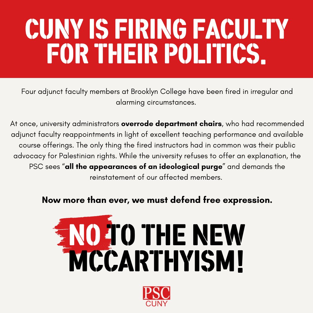 PSC-CUNY (@psc_cuny) on Twitter photo The PSC is outraged about <a href="/CUNY/">The City University of New York</a> leadership’s unilateral, unjustified firing of four faculty members in what appears to be retribution for their political speech and advocacy. (1/2) The PSC is outraged about <a href="/CUNY/">The City University of New York</a> leadership’s unilateral, unjustified firing of four faculty members in what appears to be retribution for their political speech and advocacy. (1/2)