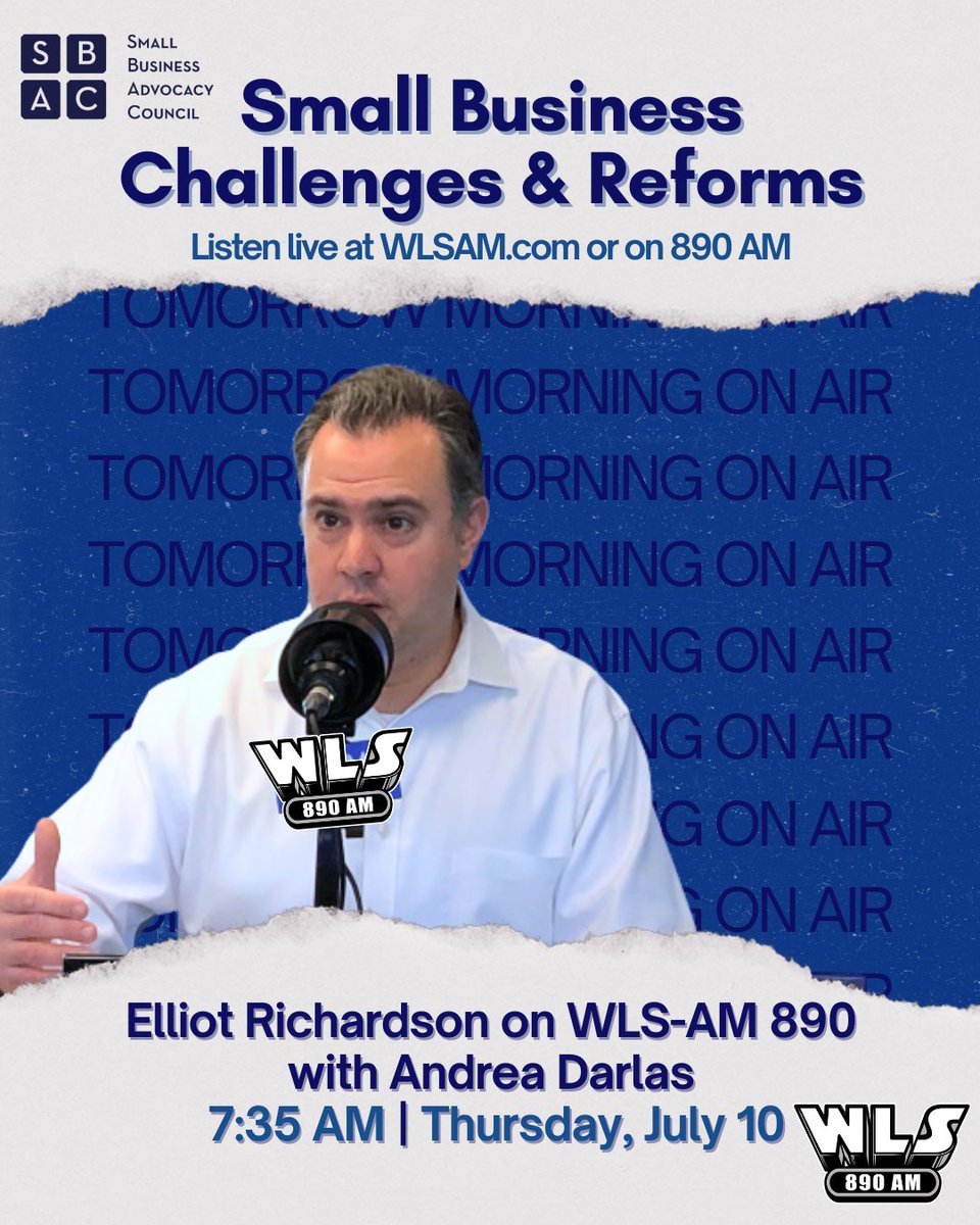 📣 TOMORROW MORNING: Tune in to hear Elliot Richardson live with Andrea Darlas at bit.ly/40HLjGZ or on 890 AM at 7:35 AM! They’ll discuss the challenges facing Chicago’s small businesses and the reforms that can help them succeed.

#SBAC #ChicagoBusiness #WLSAM