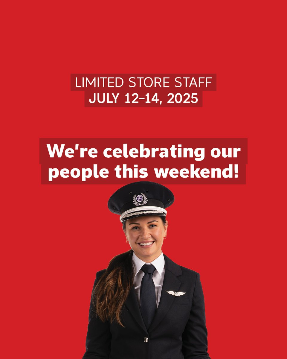 Our stores will have limited staff Saturday, July 12 to Monday, July 14 during our annual employee celebration. 

If you’re travelling during this time and need emergency assistance, please call 1–844–873–5491. You can still book with us — our website and app are always open! ✈️