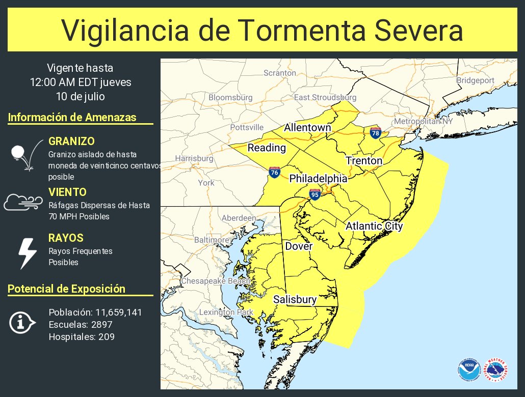 Vigilancia de Tormenta Severa ha sido emitida para partes de DE, MD, NJ, PA hasta las 12 AM EDT