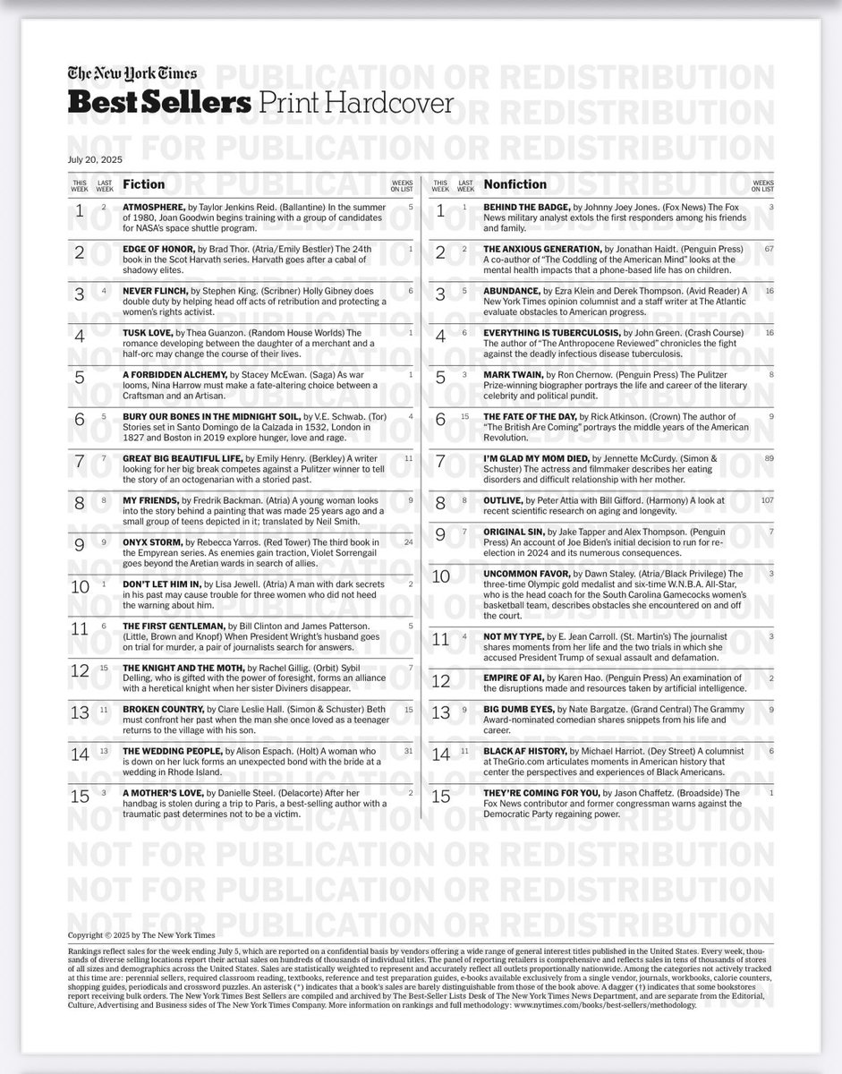 OriginalSinBook's tweet image. ORIGINAL SIN now in its SEVENTH WEEK on the NYT BESTSELLER LIST — thank you!!!! 🙏 📕