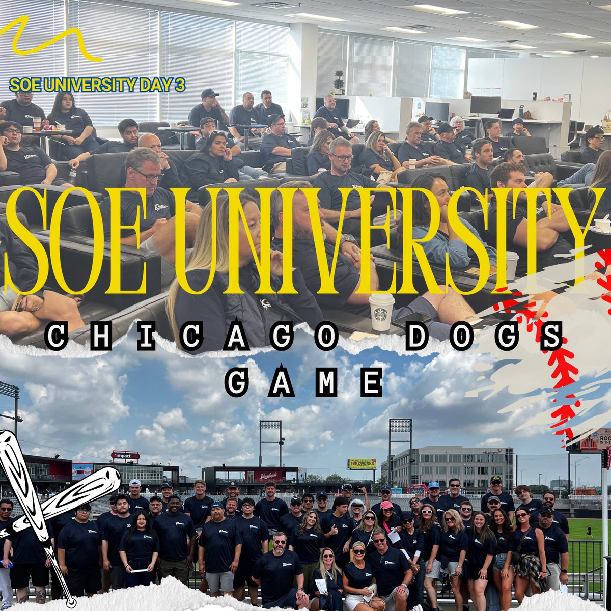 SourceOneEvents's tweet image. Day 3 of SOE University was one for the books! ⚾🌭🌞
We took a break from boot camp and headed to the ballpark to watch the Chicago Dogs as they pulled off a big win! 🙌
From team bonding and ballpark dogs to sunshine and smiles, it was the perfect way to keep the momentum…