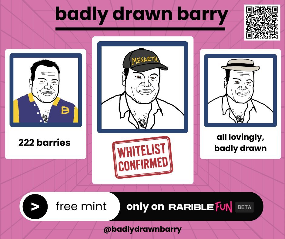 we love barry <3

i'm whitelisted for the <a href="/badlydrawnbarry/">barry</a> main collection mint, coming soon to megaeth on
<a href="/rarible/">Rarible</a>
