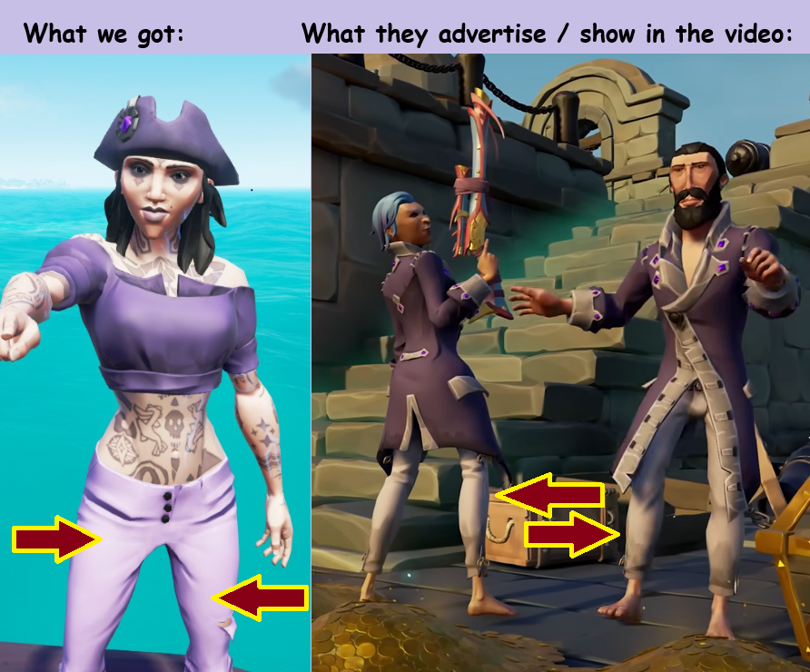 Kokokatten's tweet photo. Anyone else thinks it is ironic that they don't even use the pants/trousers they released for the set in the video? If anyone wonders those are Rising Morningstar Trousers (old Twitch drop). Start being real please.. #MakeSoTGreatAgain #SoT #SeaofThieves #BeMorePirate #LoveSoT https://t.co/WD1ikvTe7u